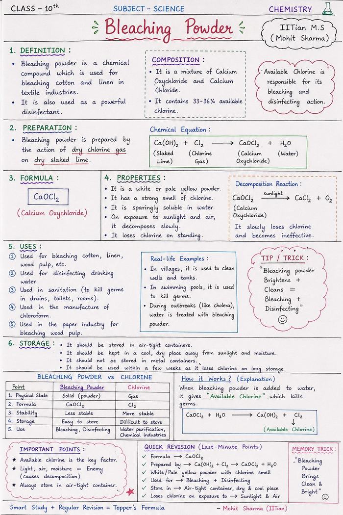 Handwritten Class 10 Chemistry notes — Bleaching Powder