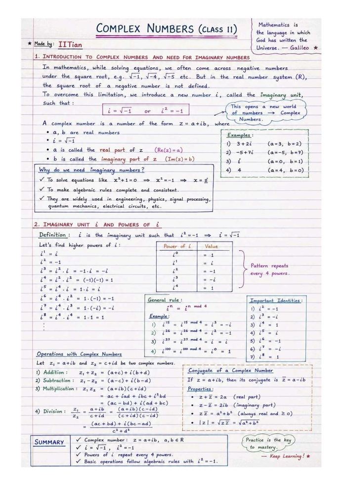 Handwritten Class 11 Maths notes — Complex Numbers