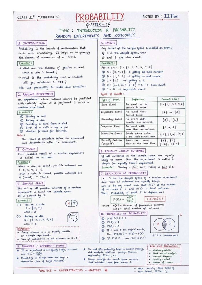 Handwritten Class 11 Maths notes — Probability